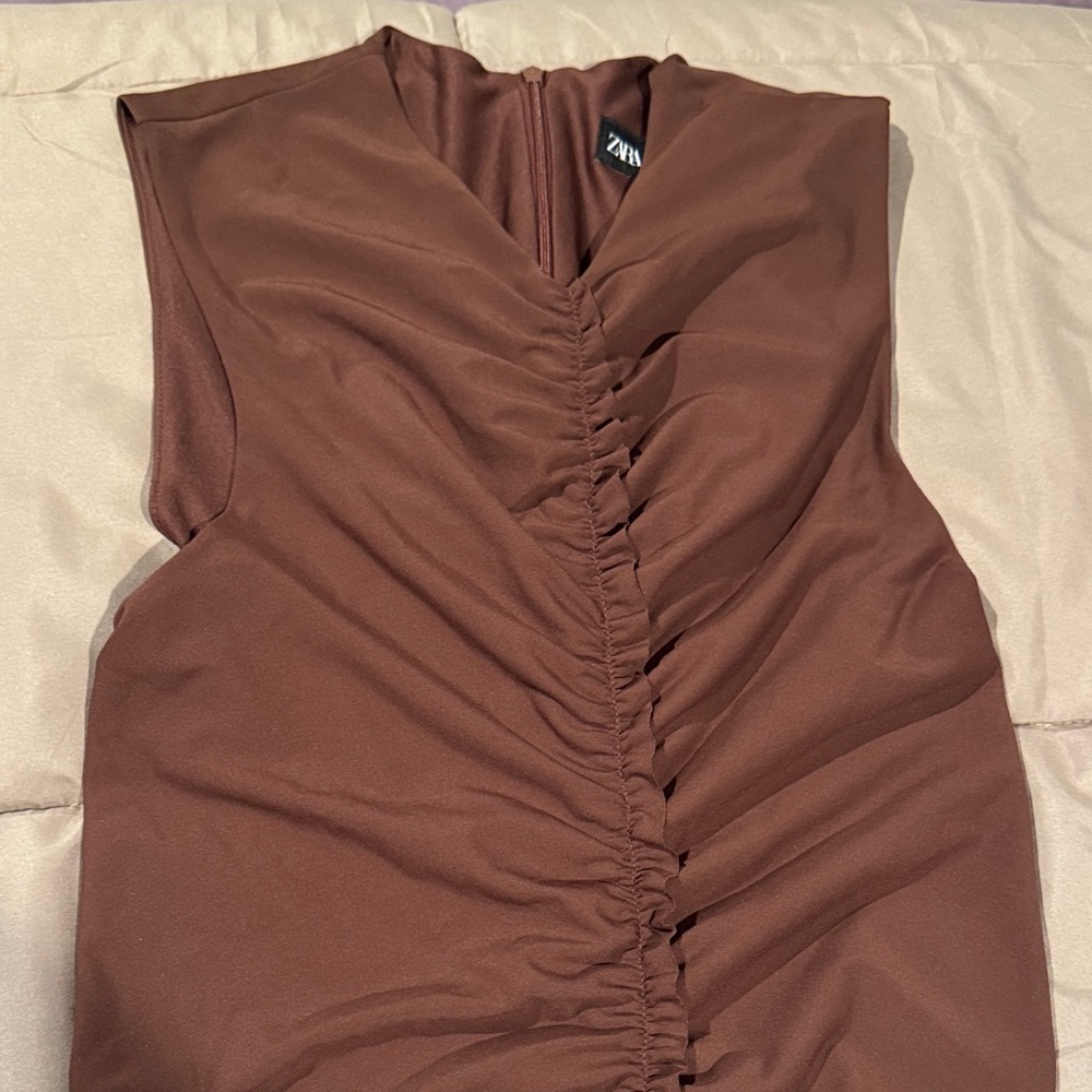 Zara Chocolate Brown Ruched Dress - Picture 3 of 6